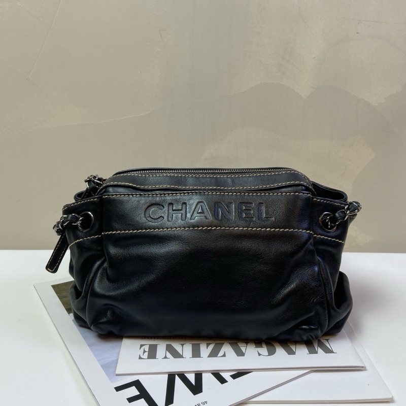 CHANEL香奈兒中古機車包黑色機車包黑銀鏈條單肩包 三角包型-1