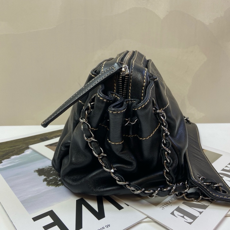 CHANEL香奈兒中古機車包黑色機車包黑銀鏈條單肩包 三角包型-4