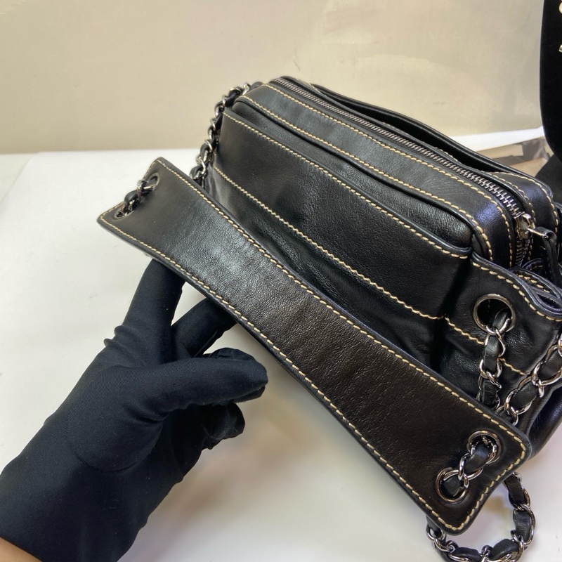 CHANEL香奈兒中古機車包黑色機車包黑銀鏈條單肩包 三角包型-6