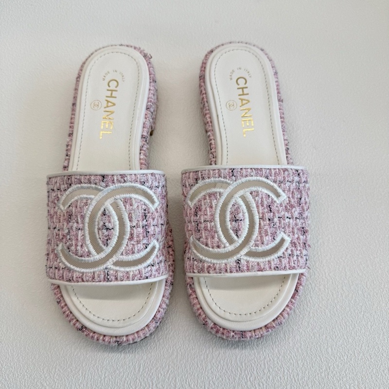 Chanel香奈兒 粉色 粗花呢雙c拖鞋 經典大logo37.5碼-1