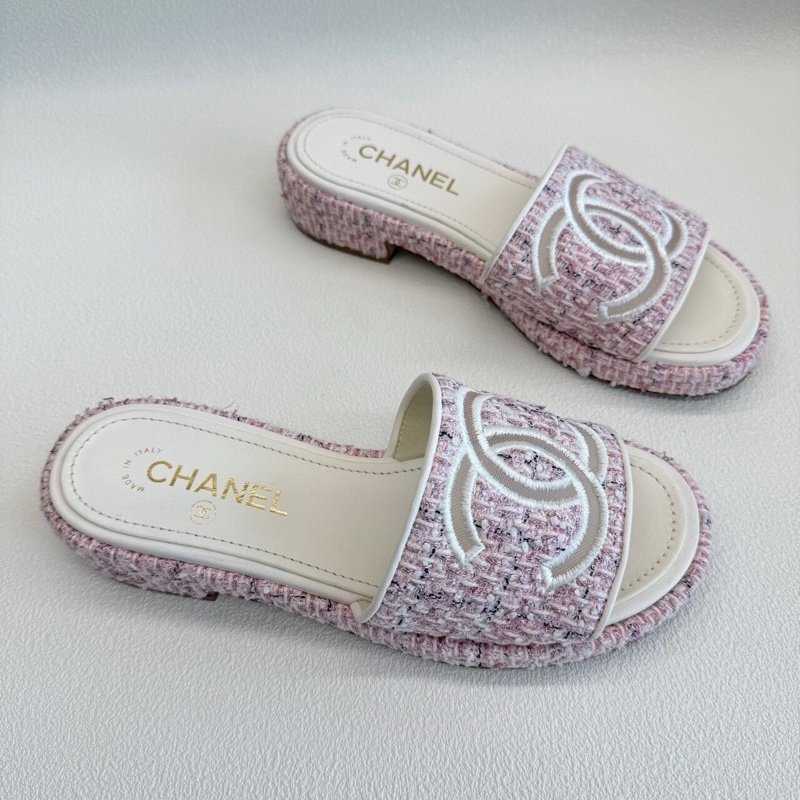 Chanel香奈兒 粉色 粗花呢雙c拖鞋 經典大logo37.5碼-2