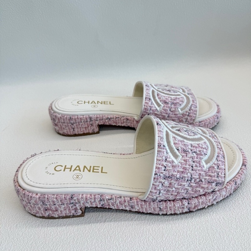 Chanel香奈兒 粉色 粗花呢雙c拖鞋 經典大logo37.5碼-3