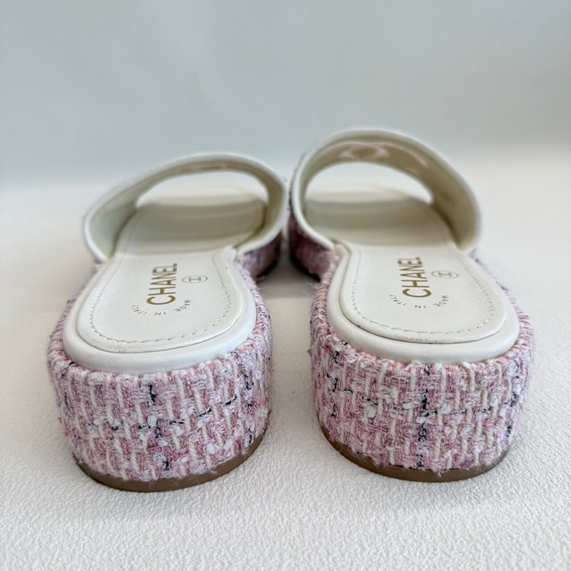 Chanel香奈兒 粉色 粗花呢雙c拖鞋 經典大logo37.5碼-4