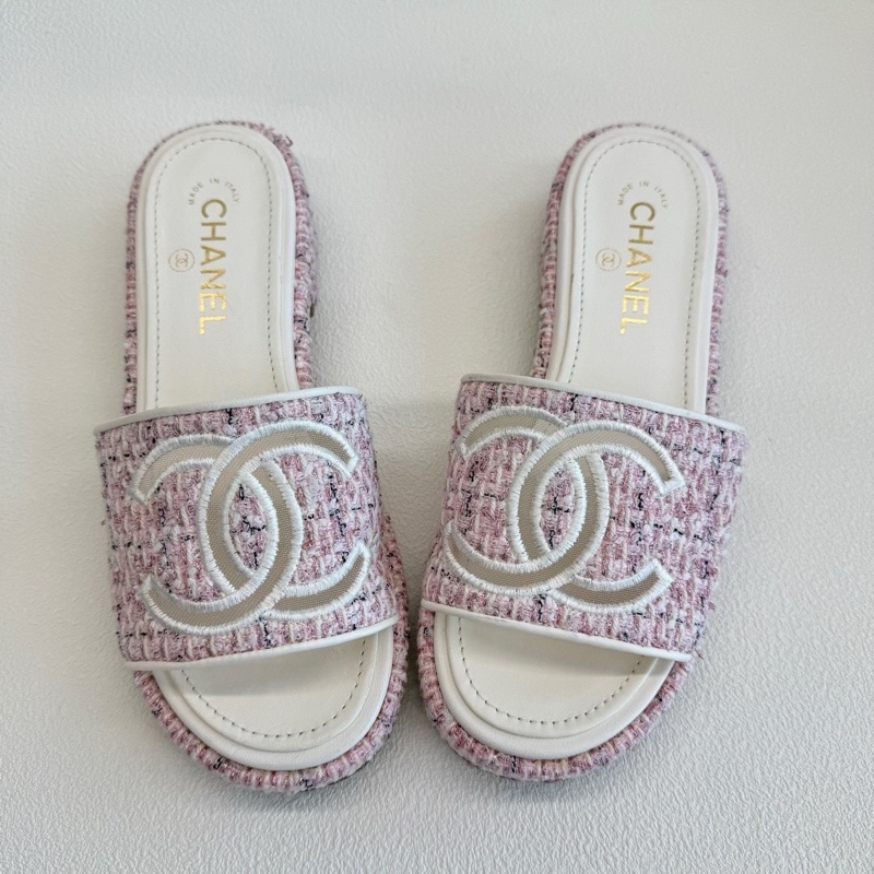 Chanel香奈兒 粉色 粗花呢雙c拖鞋 經典大logo37.5碼-8