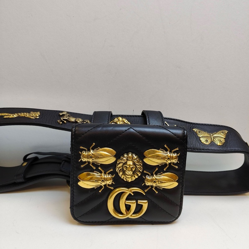 Gucci/古馳  昆蟲款黑金腰帶腰包-1