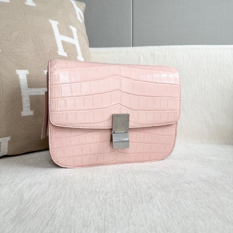 Celine 鱷魚皮Box豆腐包中號 櫻花粉 銀扣 23*17*5  95新 配件塵袋 肩帶-6