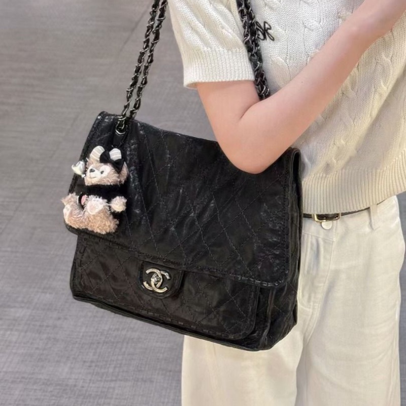 Chanel 黑銀 編織邊 仿舊牛皮 大號 機場包 32*12*28cm 9新 配件塵袋-0