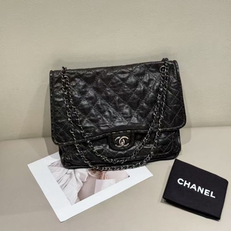 Chanel 黑銀 編織邊 仿舊牛皮 大號 機場包 32*12*28cm 9新 配件塵袋-1