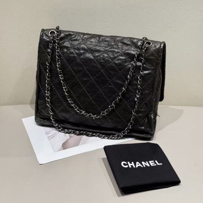 Chanel 黑銀 編織邊 仿舊牛皮 大號 機場包 32*12*28cm 9新 配件塵袋-2