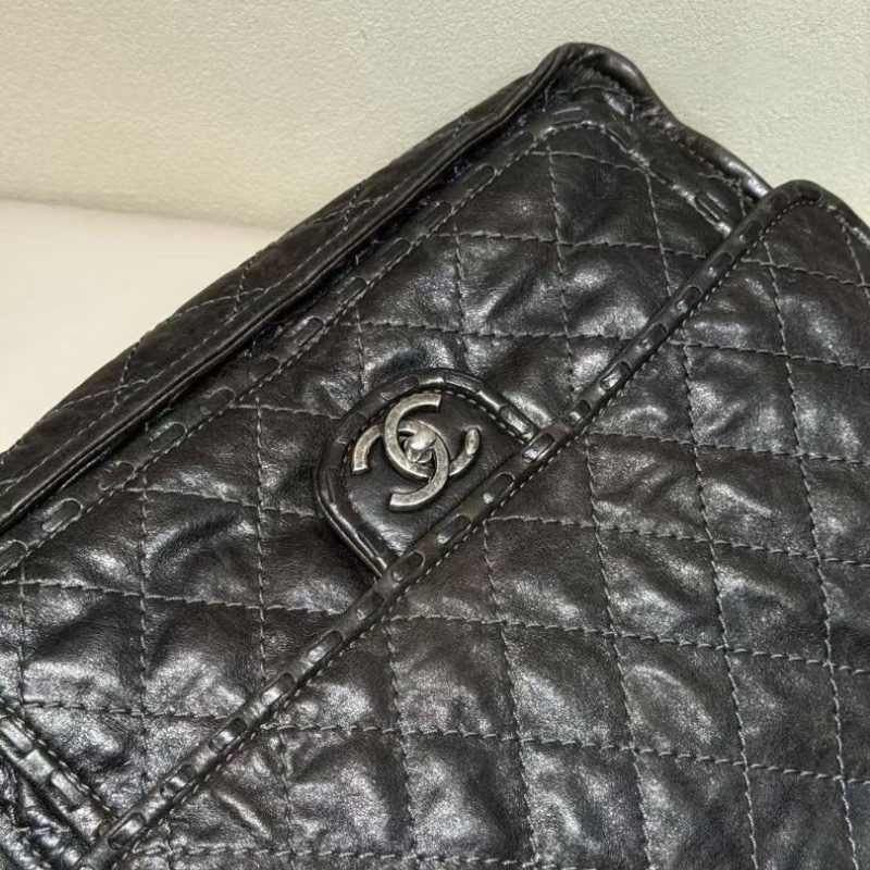 Chanel 黑銀 編織邊 仿舊牛皮 大號 機場包 32*12*28cm 9新 配件塵袋-3