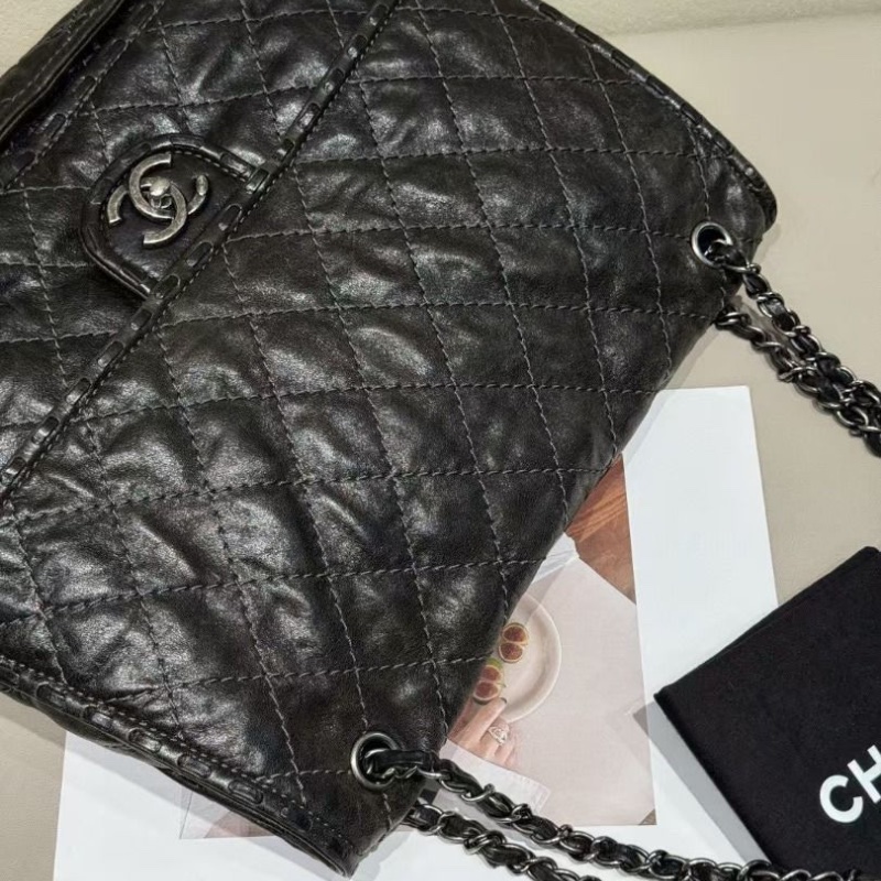 Chanel 黑銀 編織邊 仿舊牛皮 大號 機場包 32*12*28cm 9新 配件塵袋-4