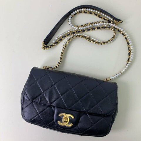 香奈兒/Chanel 黑金珍珠牛皮 CF大mini鏈條包