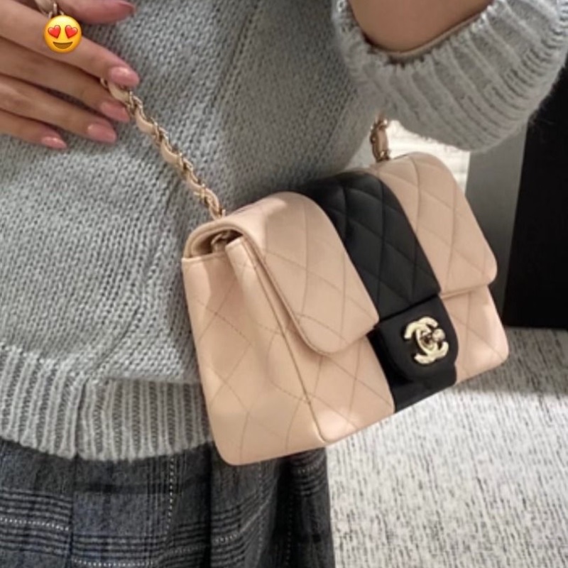 CHANEL 拼色金扣方胖子 肩背斜背鏈條包17*12*7.5  95新 配件塵袋-1
