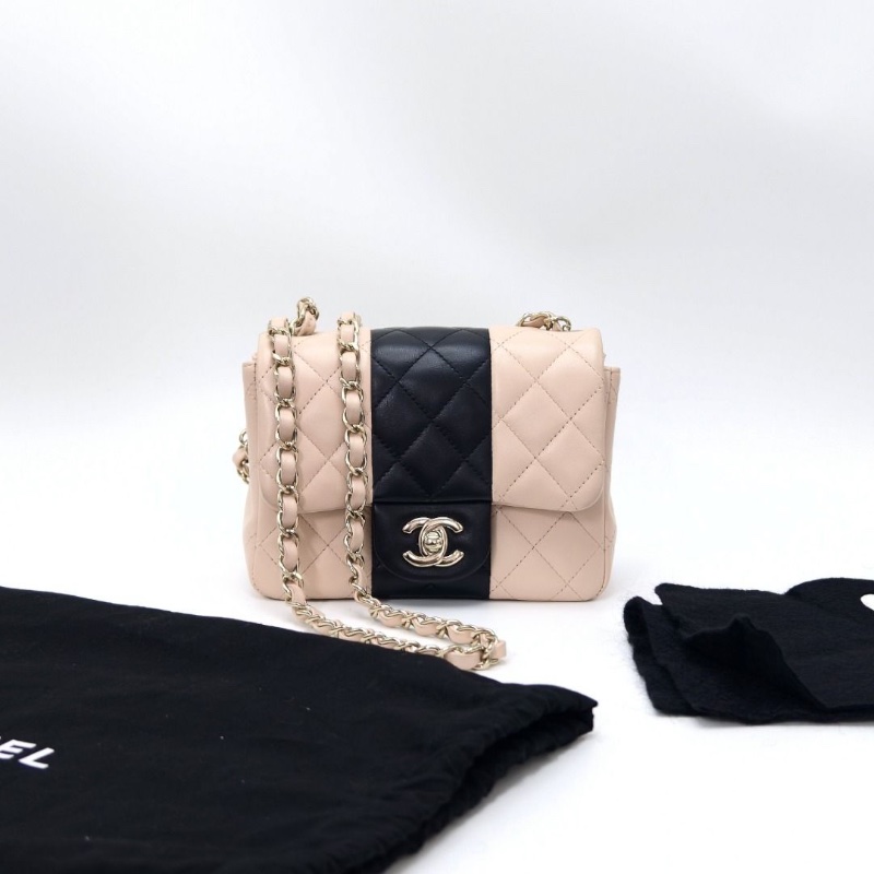 CHANEL 拼色金扣方胖子 肩背斜背鏈條包17*12*7.5  95新 配件塵袋-2