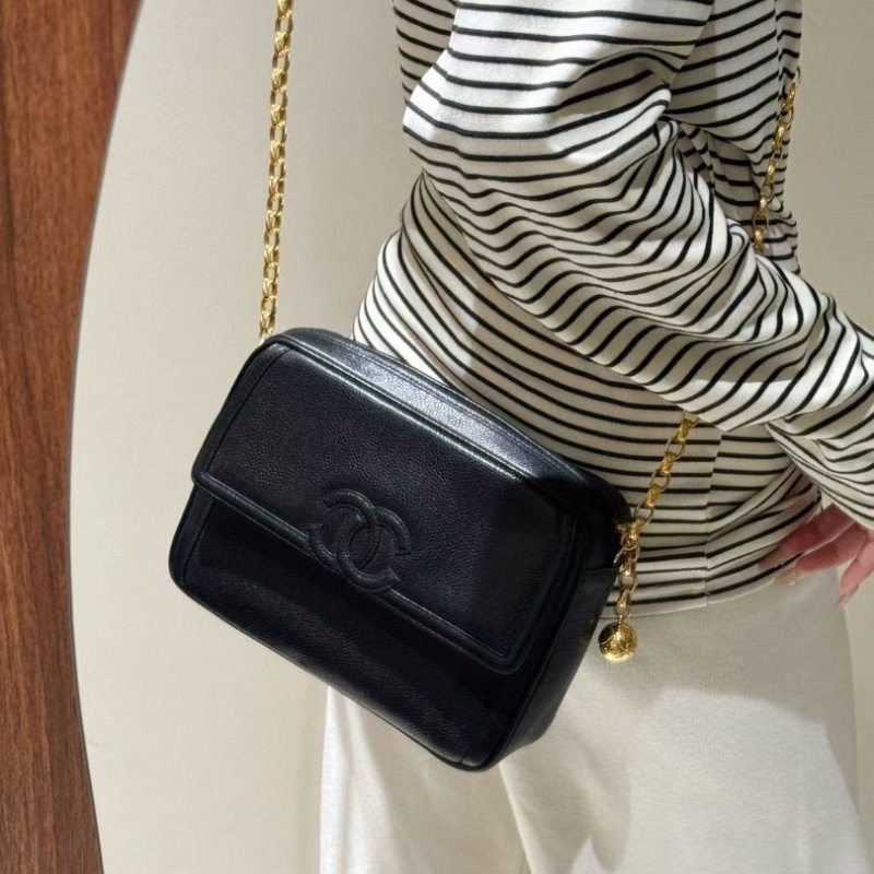 Chanel 金球 雕花鏈 相機包 荔枝皮 22*6*17cm 9新 配件塵袋-0