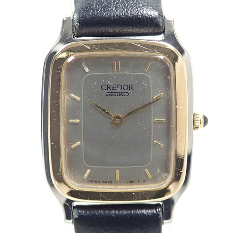 精工 Credor 女士石英錶，18K 黃金錶殼，不鏽鋼錶帶，皮錶帶，型號 5A70-5600，電池供電，非原廠扣
