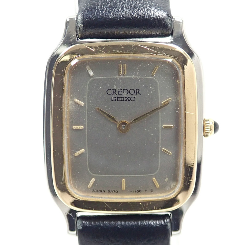 精工 Credor 女士石英錶，18K 黃金錶殼，不鏽鋼錶帶，皮錶帶，型號 5A70-5600，電池供電，非原廠扣-0