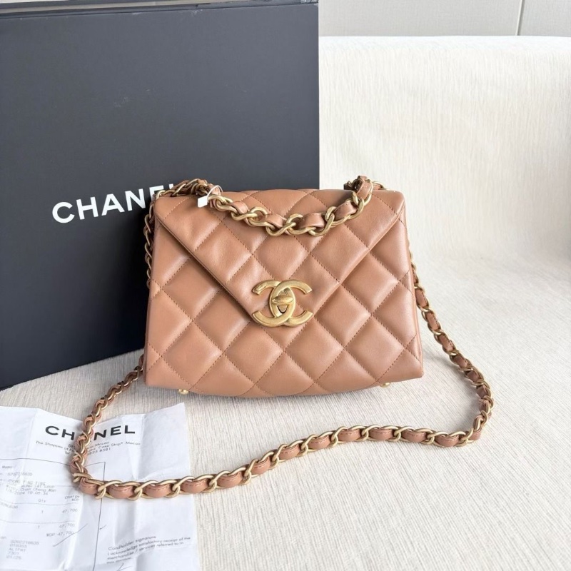 Chanel 24C粗鏈條信封包 芯片款 羊皮 焦糖色 金扣  23*16*6.5 cm  95新 配件盒子 購證 塵袋-0