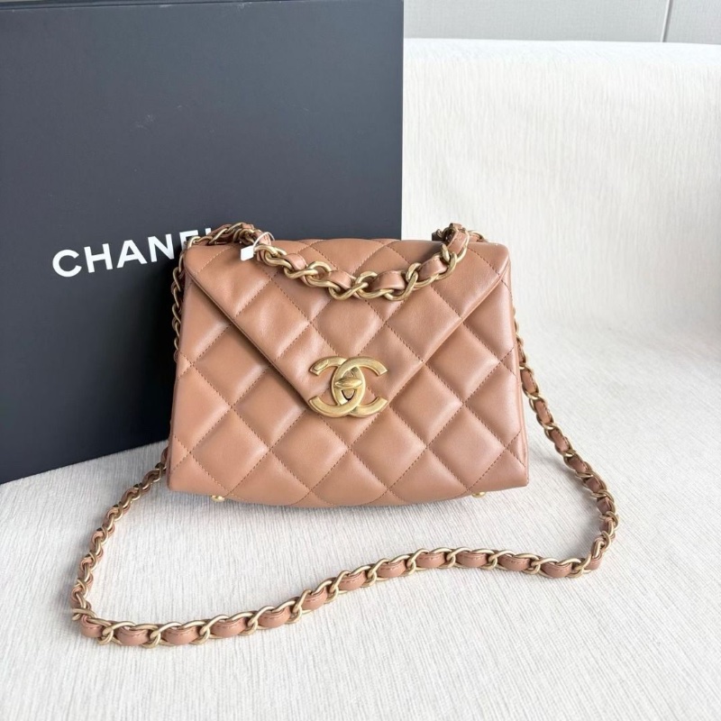 Chanel 24C粗鏈條信封包 芯片款 羊皮 焦糖色 金扣  23*16*6.5 cm  95新 配件盒子 購證 塵袋-2