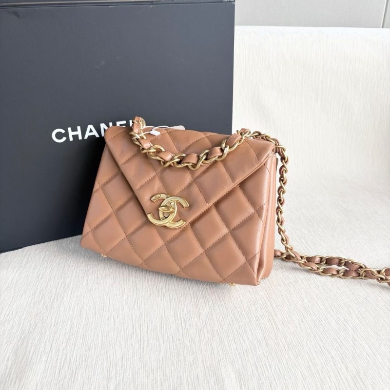 Chanel 24C粗鏈條信封包 芯片款 羊皮 焦糖色 金扣  23*16*6.5 cm  95新 配件盒子 購證 塵袋-3