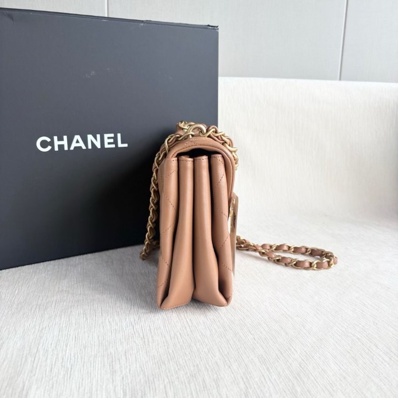 Chanel 24C粗鏈條信封包 芯片款 羊皮 焦糖色 金扣  23*16*6.5 cm  95新 配件盒子 購證 塵袋-5
