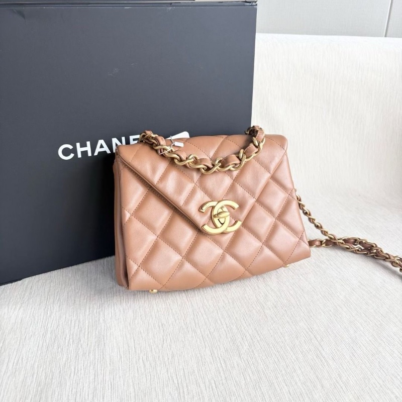 Chanel 24C粗鏈條信封包 芯片款 羊皮 焦糖色 金扣  23*16*6.5 cm  95新 配件盒子 購證 塵袋-6