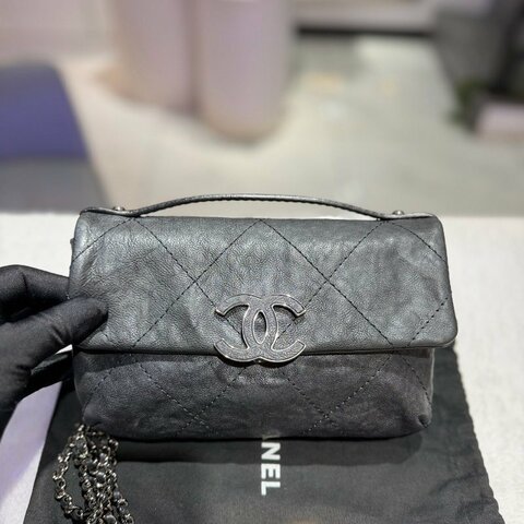 香奈兒/Chanel 黑銀牛皮大logo信封包 經典大菱格紋 手提斜背包
