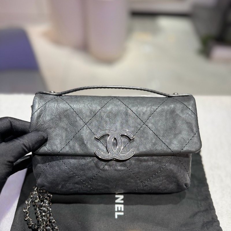 香奈兒/Chanel 黑銀牛皮大logo信封包 經典大菱格紋 手提斜背包-0