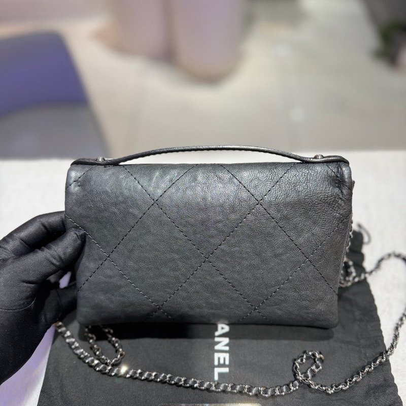 香奈兒/Chanel 黑銀牛皮大logo信封包 經典大菱格紋 手提斜背包-1
