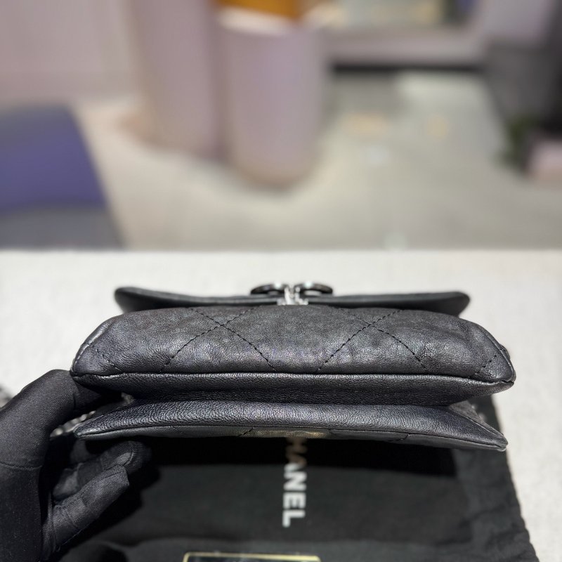 香奈兒/Chanel 黑銀牛皮大logo信封包 經典大菱格紋 手提斜背包-7