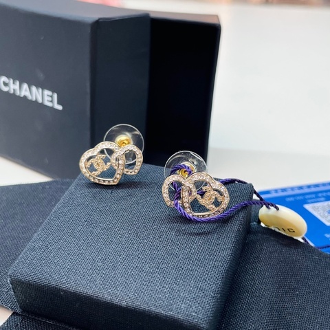全新 CHANEL香奈兒 23B 經典雙C心型鏤空 水鑽 耳飾 耳釘 金色