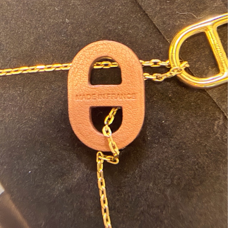 Hermes愛馬仕O'Maillon系列 金色金屬配大象灰牛皮豬鼻子項鍊頸鏈鎖骨鏈  鏈長約49.5-1