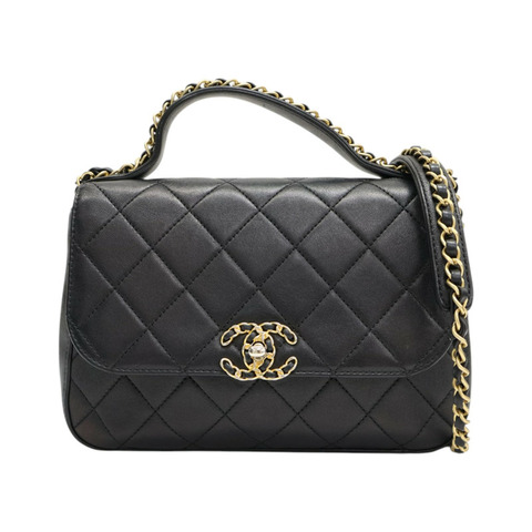 黑色 菱格紋 牛皮 Chain Infinity Top Handle Flap 兩用包【CHANEL 香奈兒】 AS0970