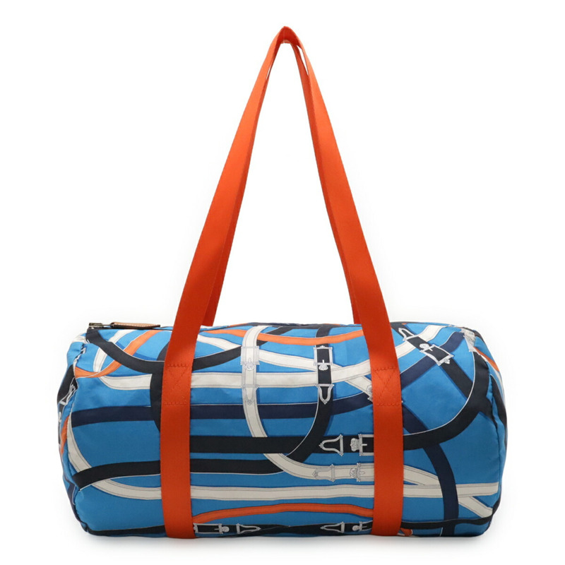 愛馬仕 Cavalcadour Airsilk Duffle 38 單肩手提包，100% 真絲，藍橙色 A 印章-1
