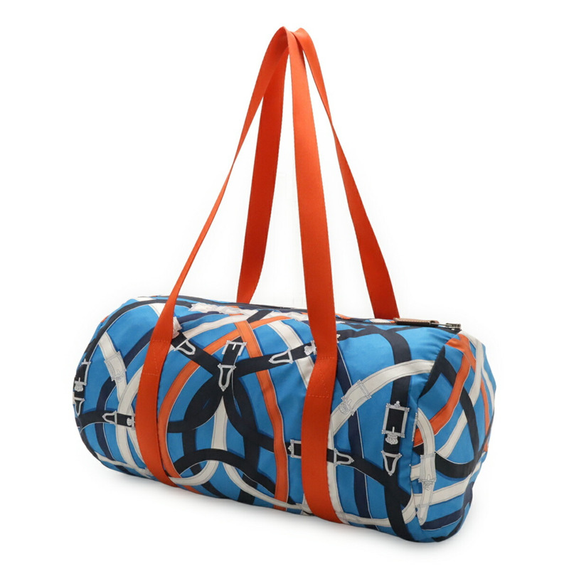 愛馬仕 Cavalcadour Airsilk Duffle 38 單肩手提包，100% 真絲，藍橙色 A 印章-2