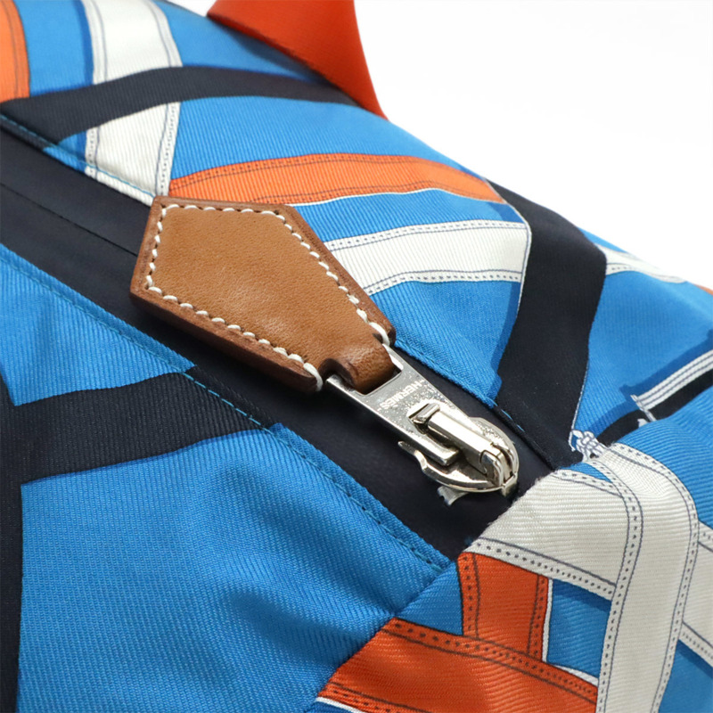 愛馬仕 Cavalcadour Airsilk Duffle 38 單肩手提包，100% 真絲，藍橙色 A 印章-5
