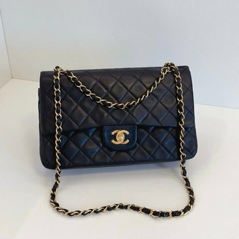 香奈兒/Chanel 墨藍色金扣中古雙蓋CF中號鏈條包