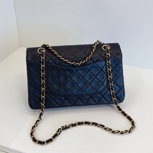香奈兒/Chanel 墨藍色金扣中古雙蓋CF中號鏈條包-1
