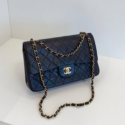 香奈兒/Chanel 墨藍色金扣中古雙蓋CF中號鏈條包-2