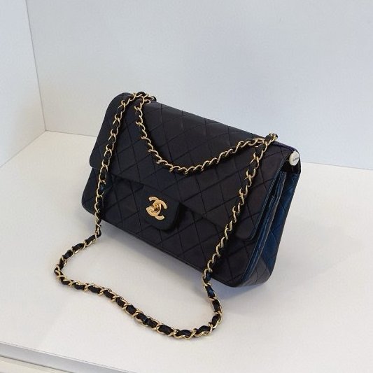 香奈兒/Chanel 墨藍色金扣中古雙蓋CF中號鏈條包-3