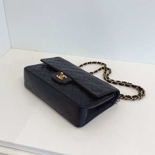 香奈兒/Chanel 墨藍色金扣中古雙蓋CF中號鏈條包-5