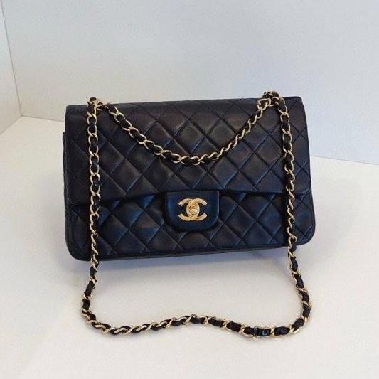 香奈兒/Chanel 墨藍色金扣中古雙蓋CF中號鏈條包-6