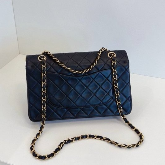 香奈兒/Chanel 墨藍色金扣中古雙蓋CF中號鏈條包-7