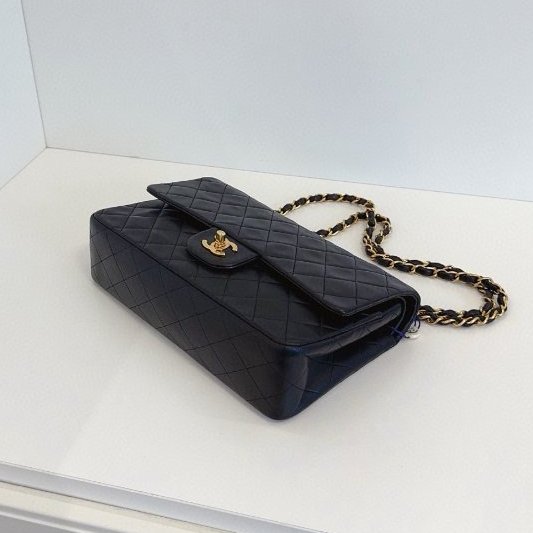 香奈兒/Chanel 墨藍色金扣中古雙蓋CF中號鏈條包-9
