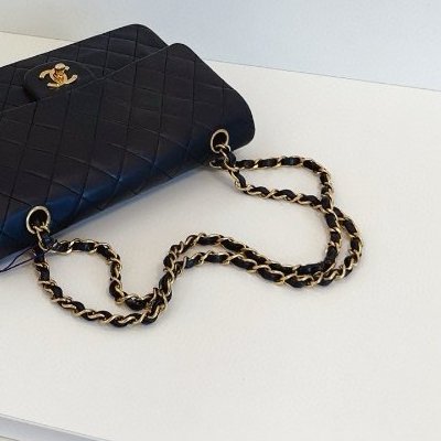 香奈兒/Chanel 墨藍色金扣中古雙蓋CF中號鏈條包-11