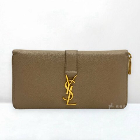 s5429-YSL 米色荔枝皮金釦ㄇ拉長夾