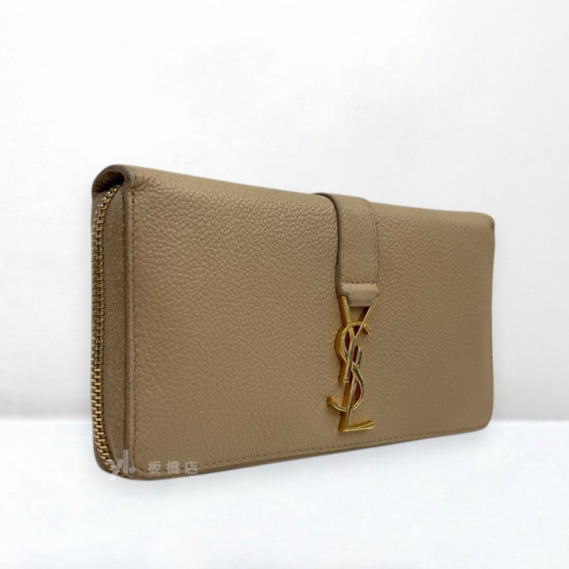 s5429-YSL 米色荔枝皮金釦ㄇ拉長夾-1