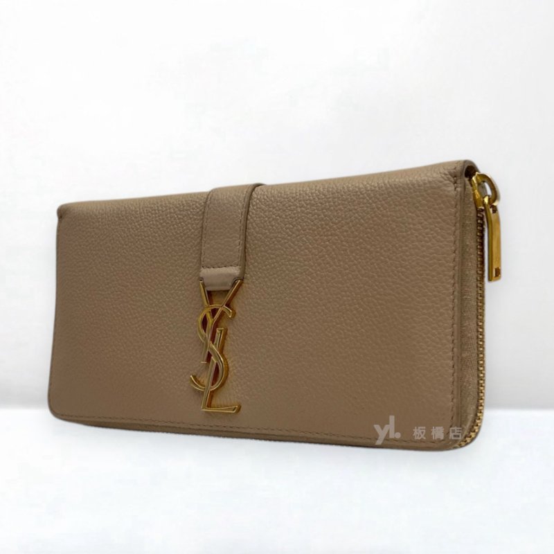 s5429-YSL 米色荔枝皮金釦ㄇ拉長夾-2