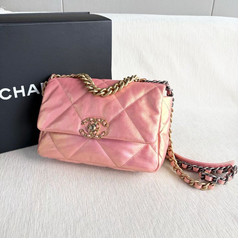 Chanel 幻彩19bag小號 人魚粉 金扣 羊皮 26*17*8 99新配件盒子 塵袋 保卡-3