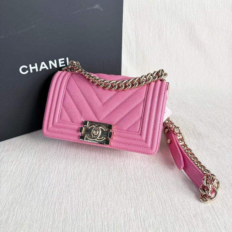 Chanel V紋Leboy小號 粉色金扣 荔枝皮20*13*6 99新配件盒子 塵袋-3